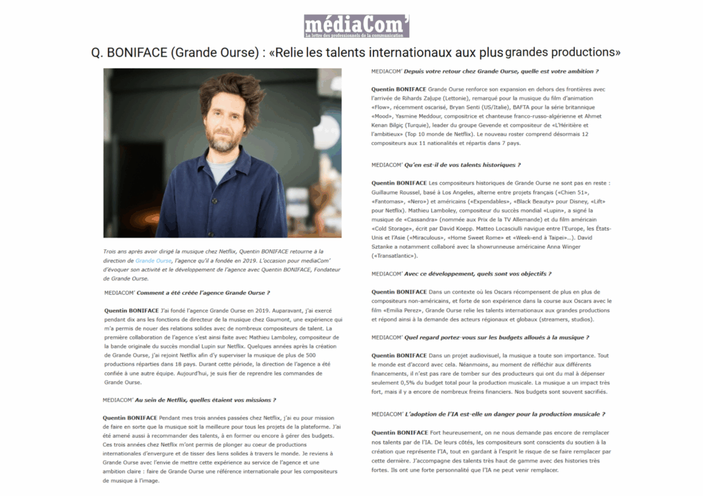 Nouvel article de MédiaCom&rsquo; – «Relier les talents internationaux aux plus grandes productions»