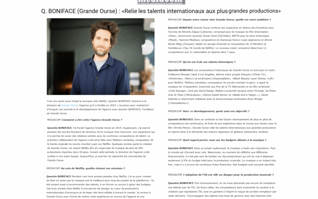 Nouvel article de MédiaCom&rsquo; – «Relier les talents internationaux aux plus grandes productions»
